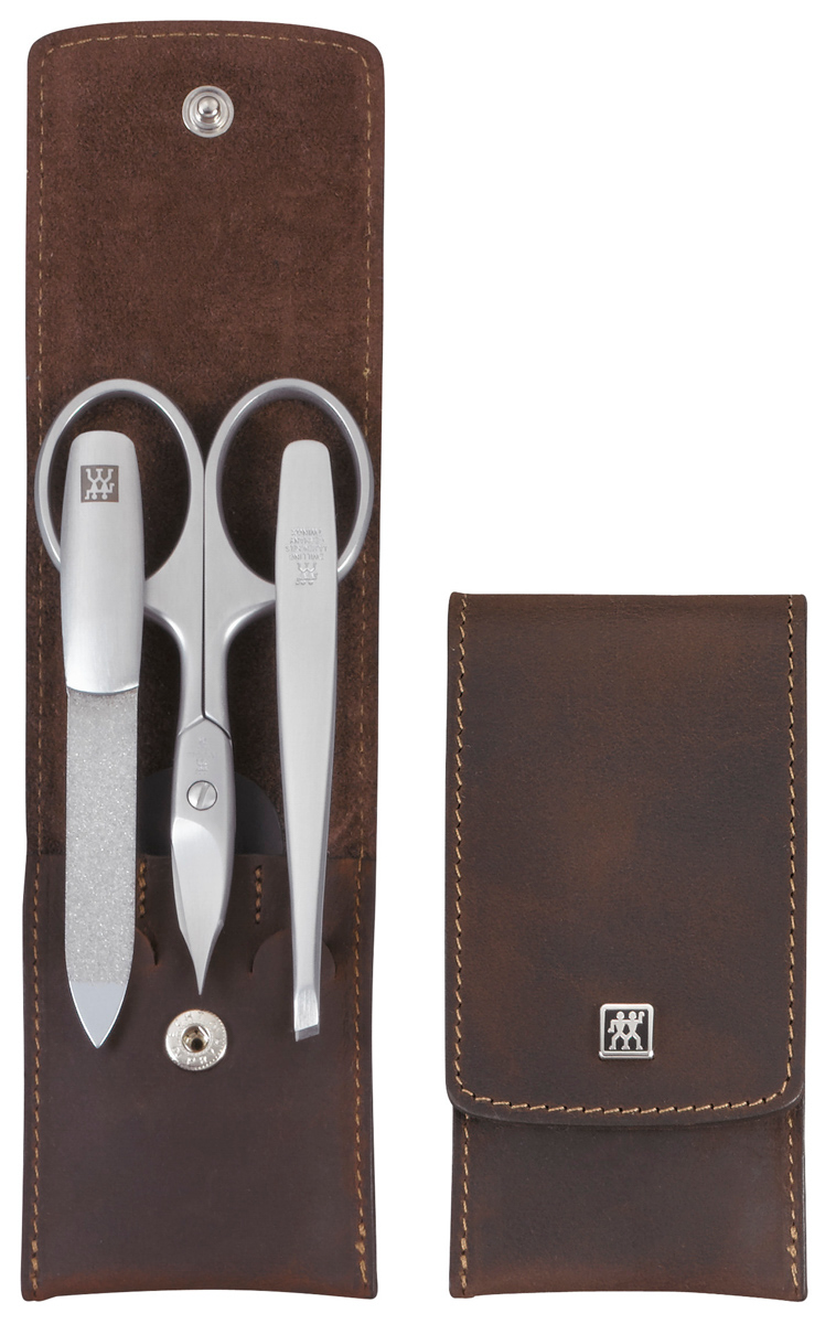 Druckknopfetui, 3-tlg, Rindleder, Braun, Serie: Classic Inox. Marke: ZWILLING