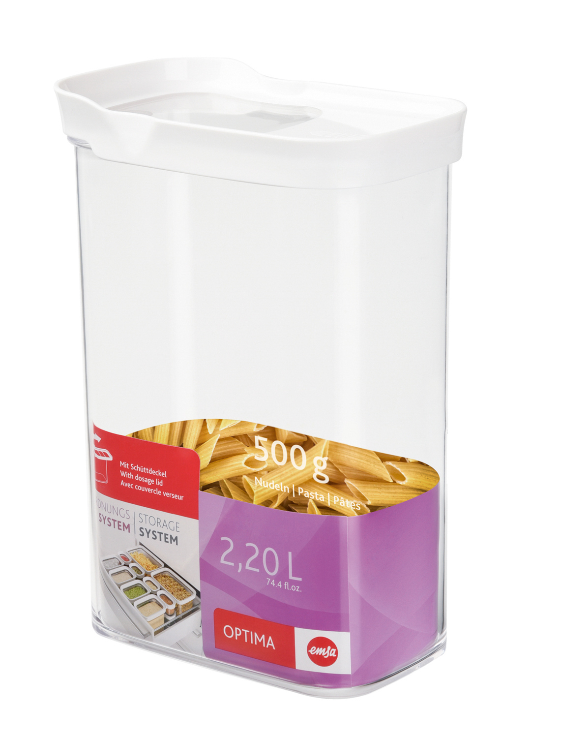 EMSA OPTIMA Schüttdose mit Schiebedeckel, Inhalt: 2,2 Liter, Farbe: weiß, transparent, Maße: 16 x 10 x 23,8 cm