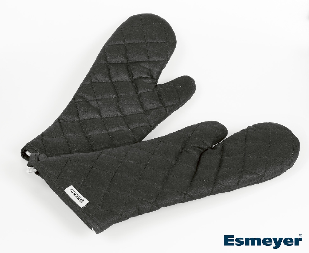 2 Ofenhandschuhe,feuerfest beschichtete Baumwolle, Schutz bis 250°C. Passt ab Damengröße M aufwärts. Extra lang für Unterarm-Schutz: 43 cm.