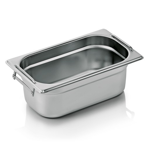 GN 1/4 Behälter, Materialstärke 0,6 mm, mit Fallgriffen. Material: Chromnickelstahl. Serie: GN 73. Inhalt in Litern: 2,8. Maße: Höhe: 100 mm