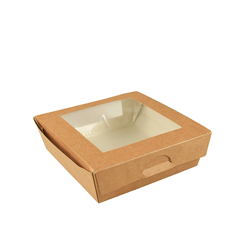 25 Feinkostboxen, Pappe mit Sichtfenster aus PLA eckig 750 ml 14 cm x 14 cm x 5 cm braun von PAPSTAR