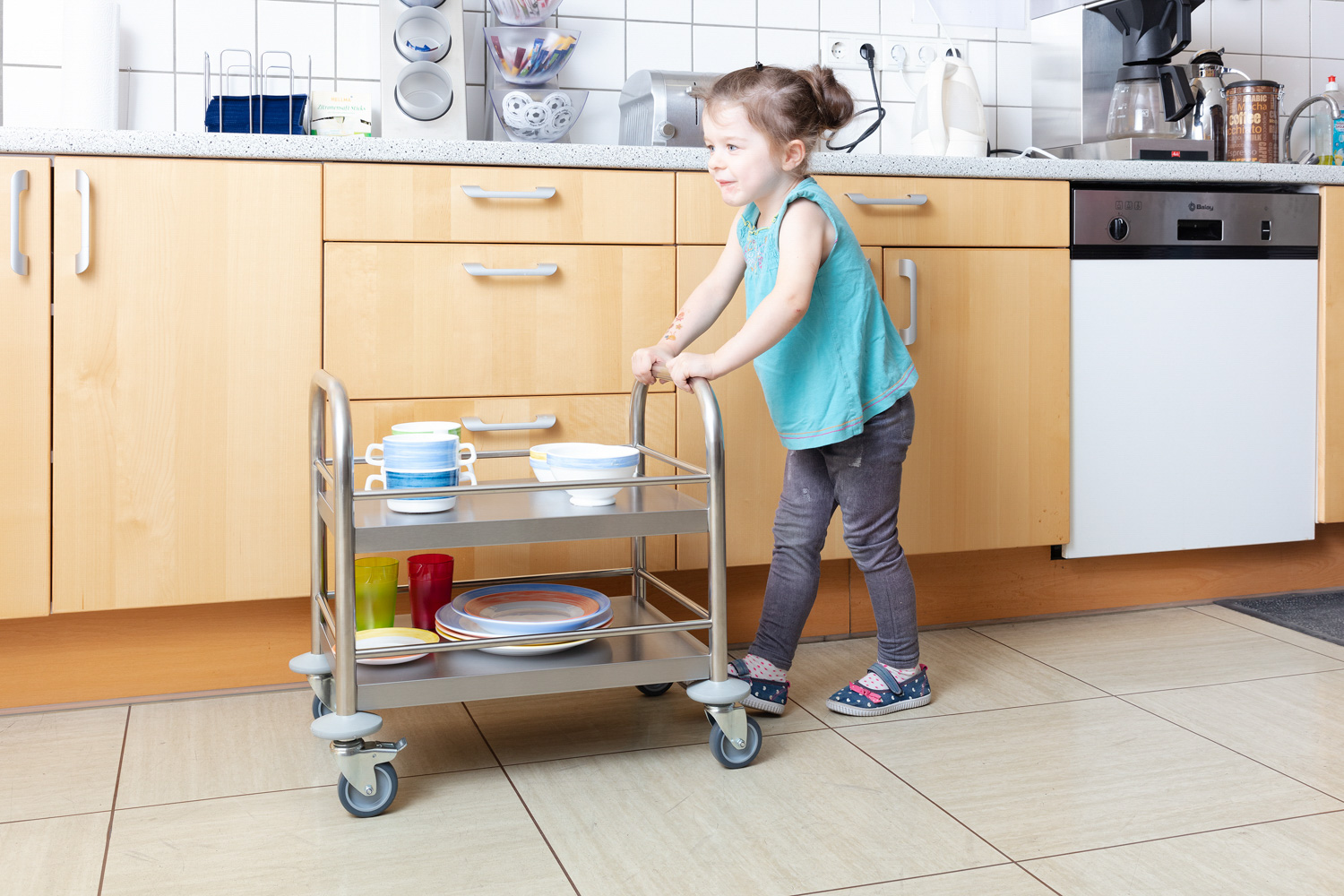 Mini-/ Kinder-Servierwagen TINY mit 2 Böden aus Edelstahl, 530 x 375 x 550mm, Traglast 80kg