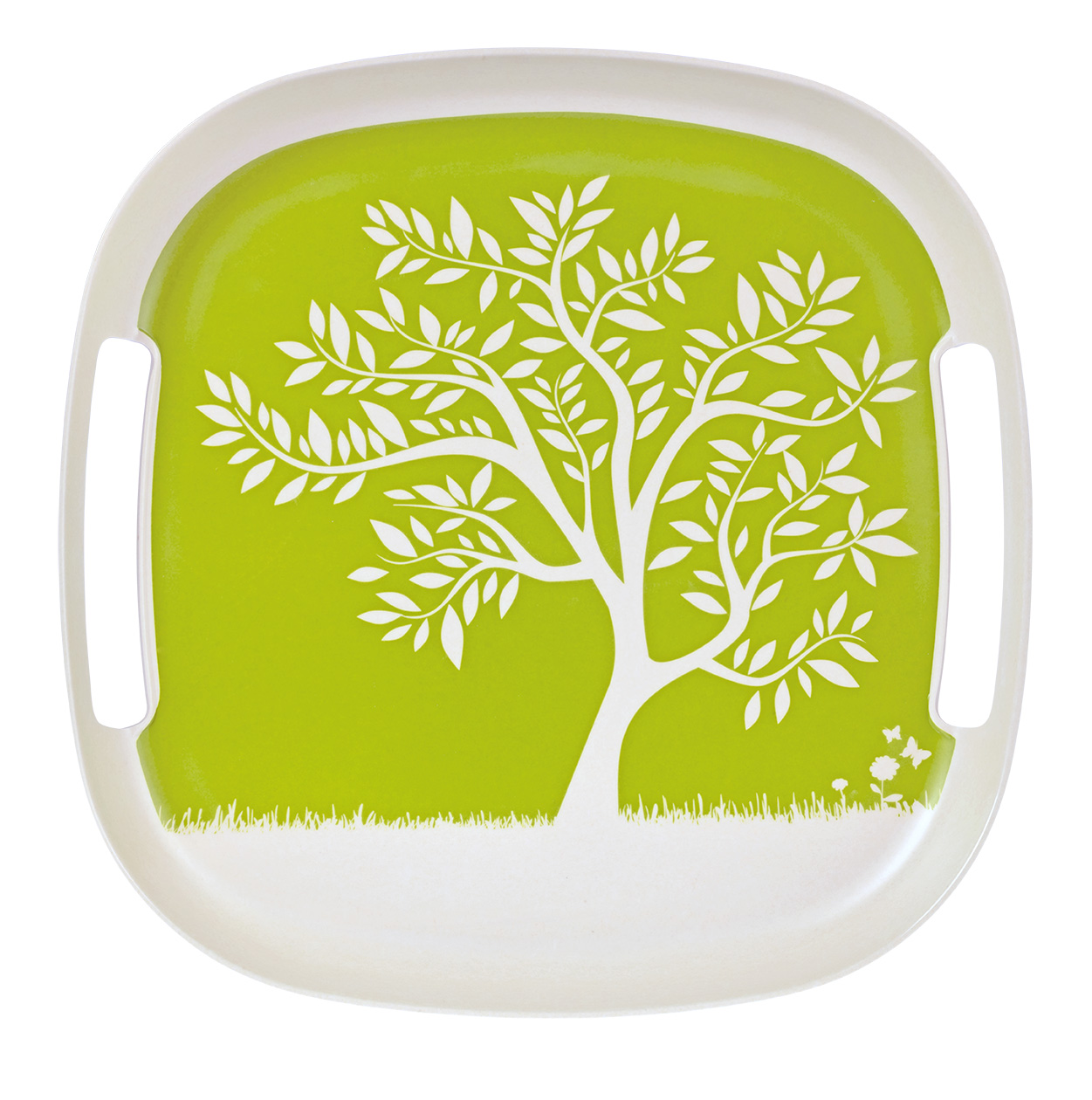 Serviertablett LONG ISLAND, grün/creme Baummotiv, hergestellt aus Bambusfasergemisch, rechteckig mit abgerundeten Kanten,