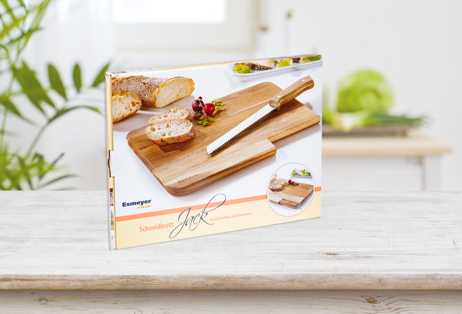 Schneidbrett JACK inkl. Brotmesser. Brett und Messergriff aus Akazienholz, Messerklinge aus hochwertigem Klingenstahl.