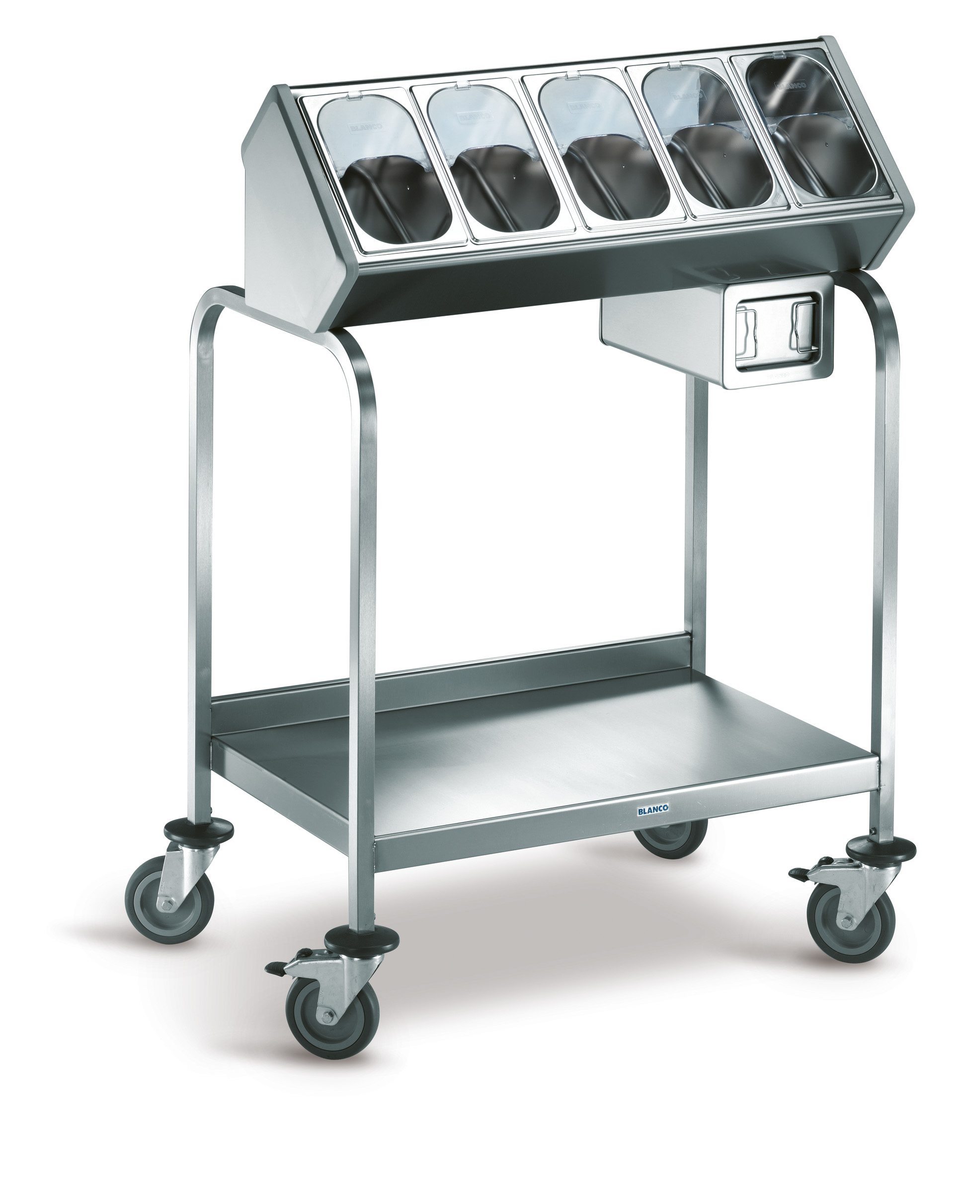 BLANCO Besteck- und Tablettwagen aus rostfreiem Edelstahl mit Kunststoffrollen, 4 Lenkrollen Ø 125 mm, davon 2 mit Feststeller, inkl. 5