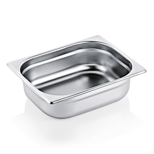 GN 1/2 Behälter, Materialstärke 0,7 mm. Material: Chromnickelstahl 18/8. Serie: GN 90. Inhalt in Litern: 6,5. Maße: Höhe: 100 mm
