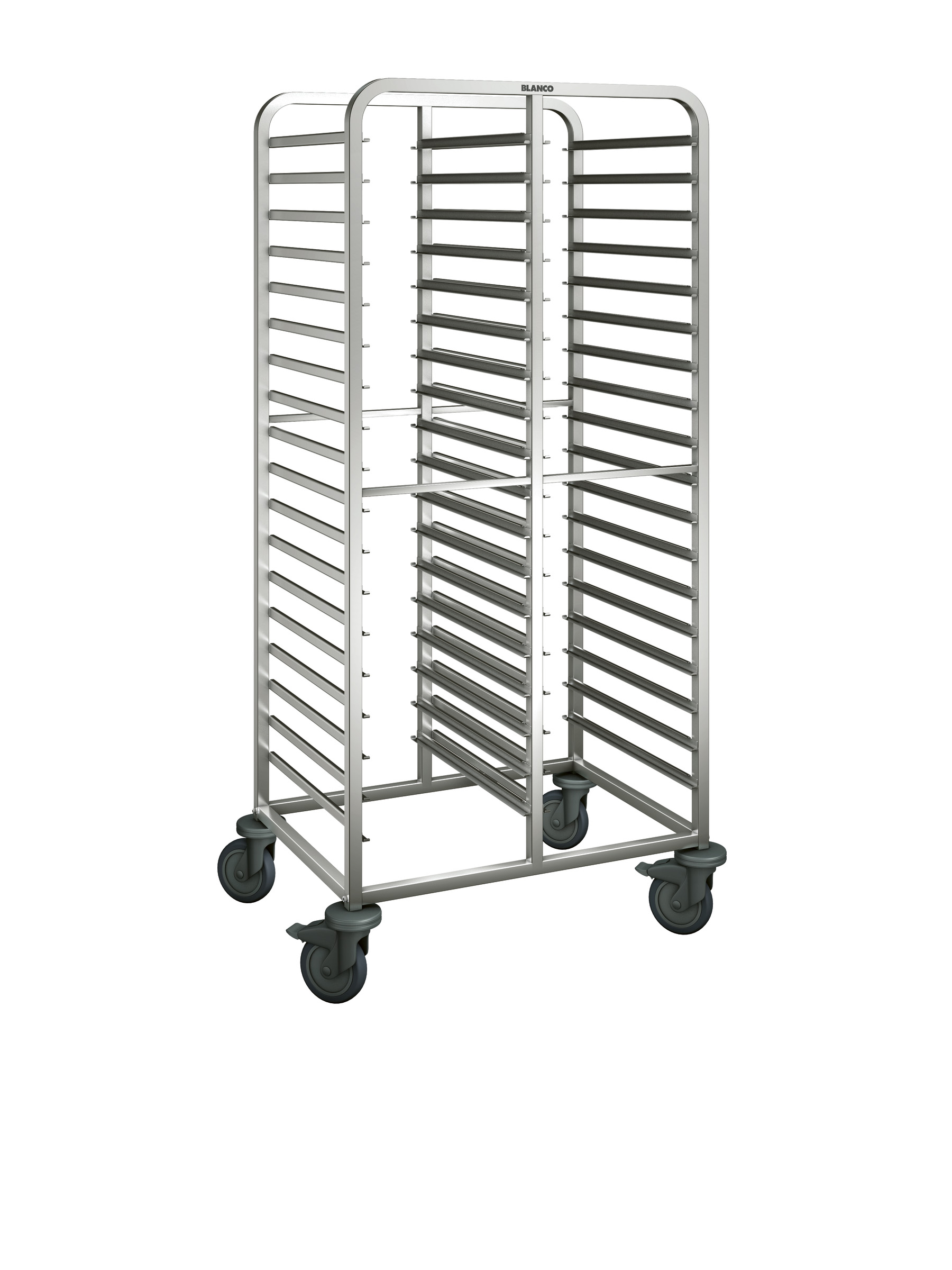 BLANCO Regalwagen a. rostfreiem Edelstahl m. Kunststoffrollen, 2-teilig, Auflagenpaare: 36 Paar, Auflagenabstand: 73 mm, Kapazität: 36 GN