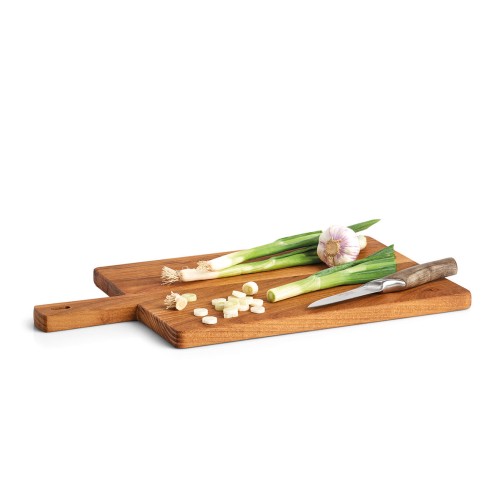 Schneide-/Servierbrett m. Griff, Teakholz. Länge: 430 mm. Breite: 240 mm. Höhe: 18 mm