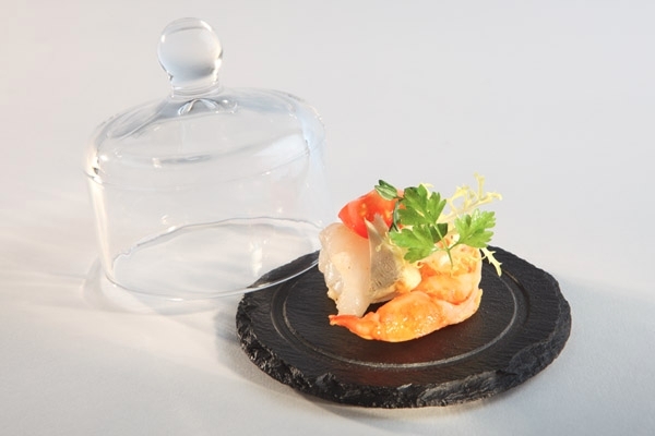 Naturschieferplatte, 2-teilig Ø 10,5 cm, H: 8 cm Materialstärke 6-9 mm mit Glashaube möbelschonende Füßchen gebrochene Kanten