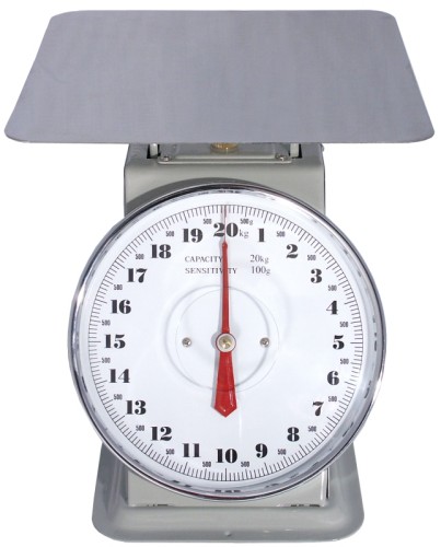 Küchenwaage grau lackiertes Stahlgehäuse, Wägeplattform aus Edelstahl 18/0, Nutzlast bis 20 kg, skaliert in 100 g-Schritten,