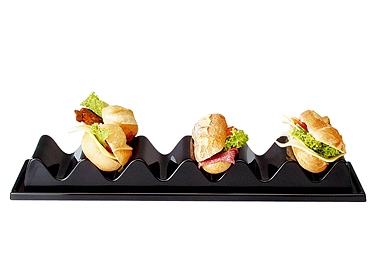 Snackpresenter - 6 Mulden 60 x 19 cm, H: 7,5 cm Polystyrol, schwarz mit Saftrille, mit Griffmulde Farbe: Schwarz