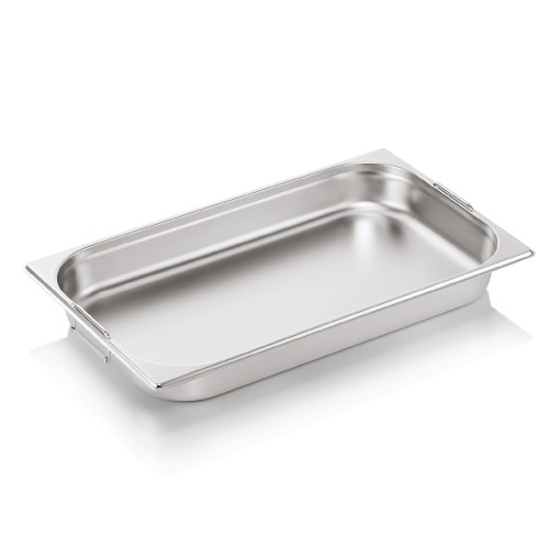 GN 1/1 Behälter, Materialstärke 0,6 mm, mit Fallgriffen. Material: Chromnickelstahl. Serie: GN 73. Inhalt in Litern: 9. Maße: Höhe: 65 mm