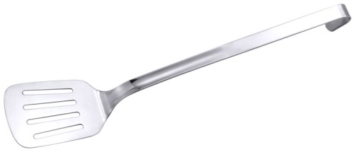 Bratenwender, längs perforiert aus Edelstahl, fugenlos, hochglänzend, mit Hakengriff, schwere Qualität Spatelmaß: 10 cm x