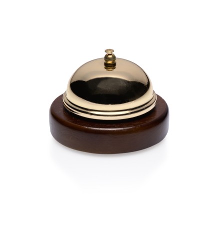 Rezeptionsglocke. mit Holzunterteil. Durchmesser oben 9 cm.