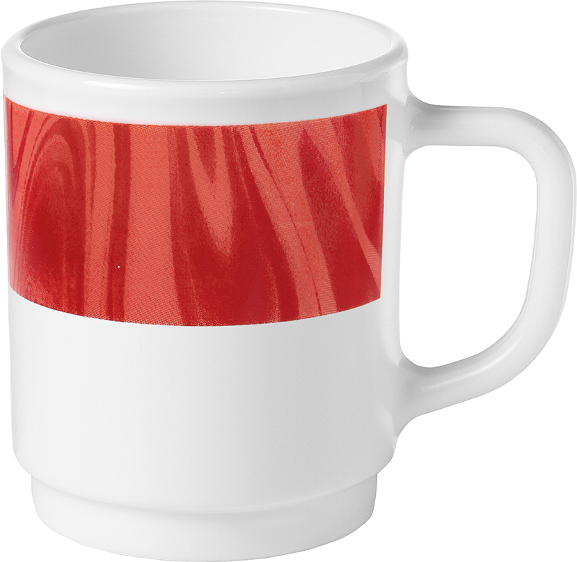 Henkelbecher NATURA mit rotem Muster. Inhalt ca. 0,25 Liter, aus Opalglas. Von Bormioli Rocco.