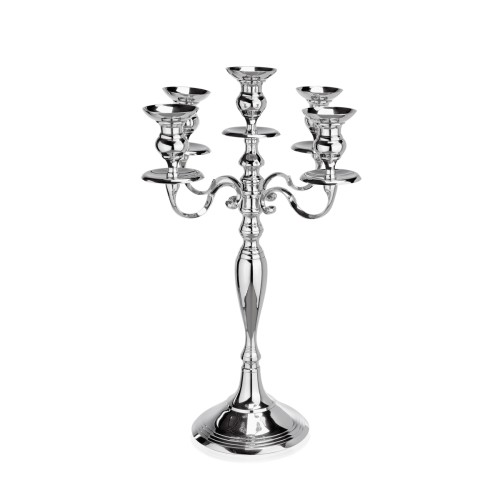 Kandelaber, Vernickelt – 5-flammig, hochglanzpoliert. Material: Messing. Maße: Höhe: 800 mm