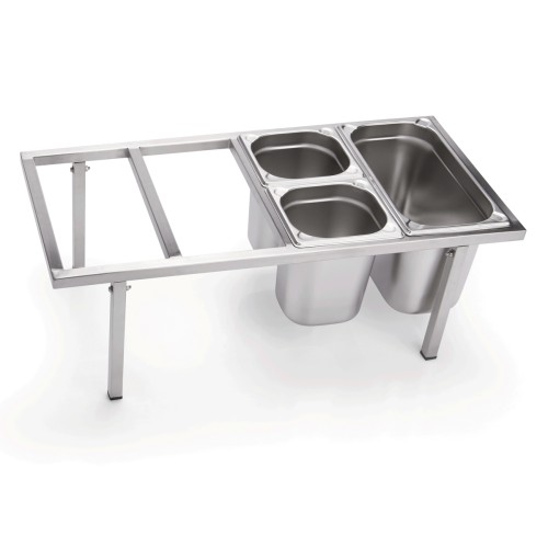 GN 1/6 Behälter, Materialstärke 0,6 mm, Randverstärkung durch geprägte U-Ecken. Material: Chromnickelstahl. Serie: GN 76. Inhalt in Litern: