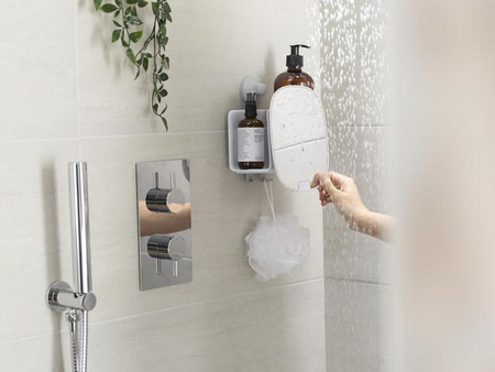 Joseph Joseph EasyStore Kompakte Duschablage mit verstellbarem Spiegel – Weiß