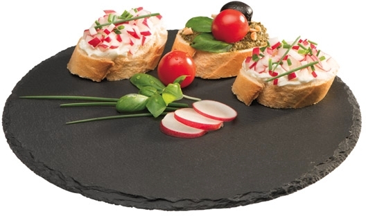 Naturschieferplatte Ø 22 cm Materialstärke 6-9 mm möbelschonende Füßchen gebrochene Kanten glänzende, versiegelte Oberfläche