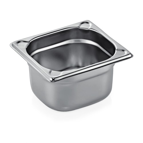 GN 1/6 Behälter, Materialstärke 0,6 mm, Randverstärkung durch geprägte U-Ecken. Material: Chromnickelstahl. Serie: GN 76. Inhalt in Litern: