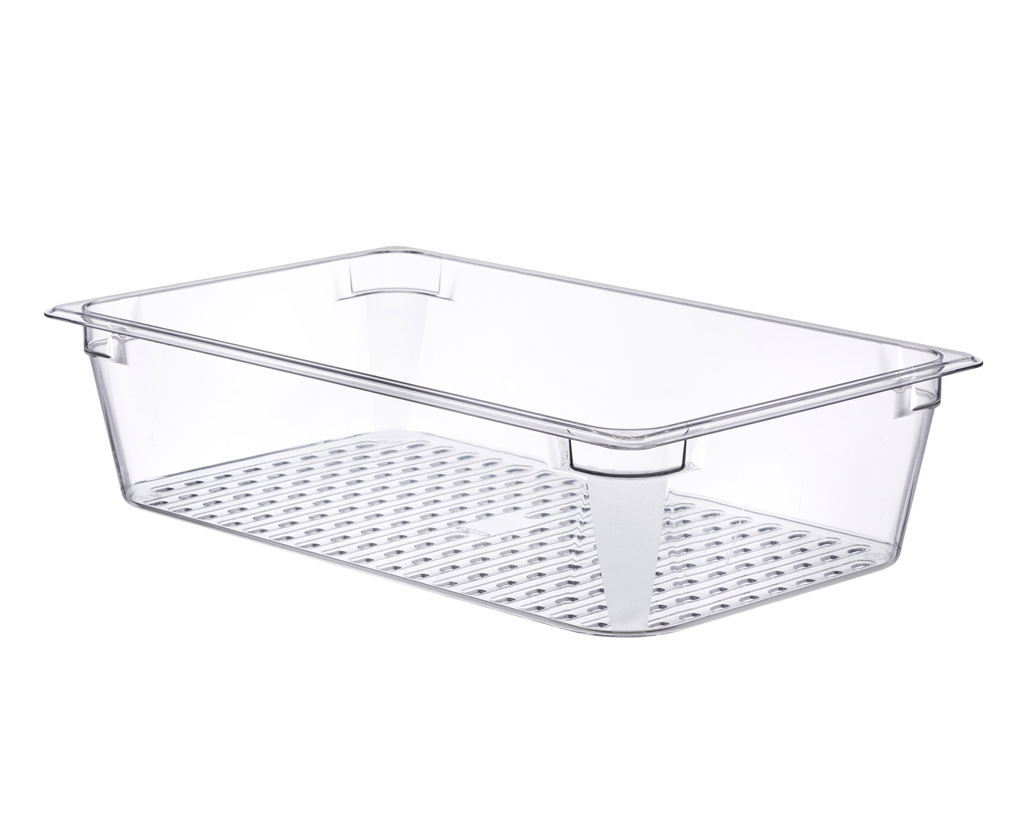 ARAVEN perforierter Polycarbonat Behälter GN 1/1 130mm Höhe und 17,2 Liter Fassungsvermögen, durchsichtig