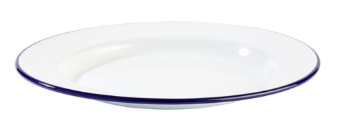 Teller, flach -ENAMELWARE- Ø 26 cm, H: 2 cm emailliertes Stahlblech innen: weiß außen: weiß Rand: blau spülmaschinengeeignet