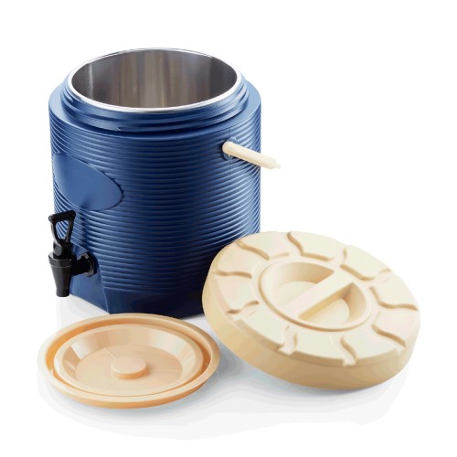 Thermogetränkebehälter, mit Schraubdeckel, Innenbehälter aus Chromnickelstahl. Material: Chromnickelstahl, Kunststoff, Polyurethan. Inhalt