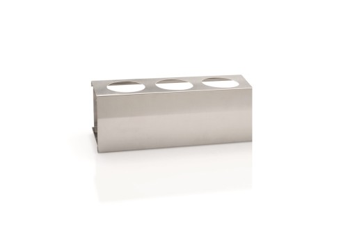 Quetschflaschenhalter. passend für 3 Quetschflaschen. Chromnickelstahl. Maße: 33 x 10,5 x