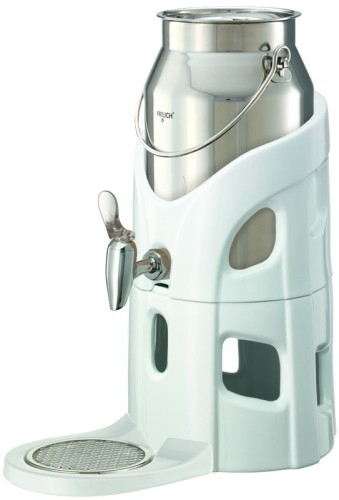 FRILICH CREAZION Milchkanne 5 Liter, Modell Edelstahl Edelstahlkanne, FRILICH Edelstahlhahn, Porzellankragen und Porzellanstandfuß