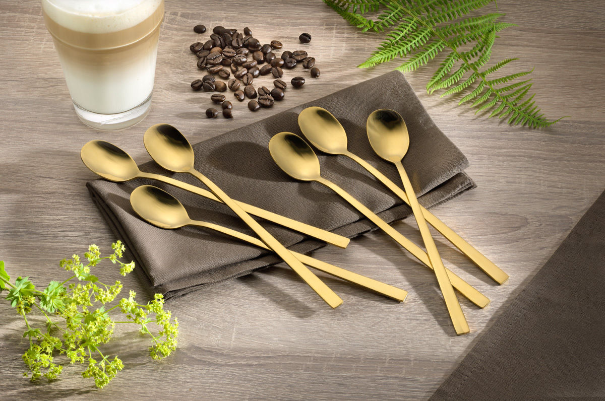 6er Pack Langstiel-Löffel MELINA, Edelstahl, mit PVD-Beschichtung, Farbe: Gold. Edelstahl 18/10, poliert, Materialstärke: 2.0 mm