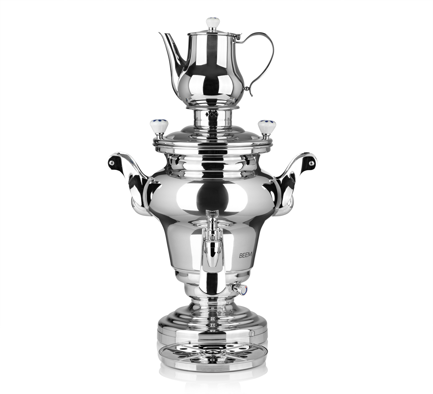 Samowar Beem Soraya, 10 ltr., Edelstahl Mit 1,6 ltr. Teekanne und Teesieb, 2 Heizspiralen á 2.300 W & 700 W, Kabellänge 130 cm