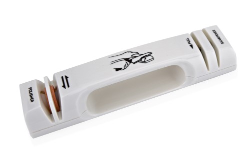 Messerschärfer. Kunststoff. mit Messerschäfer und Polierstein, mit rutschhemmenden Füßen.