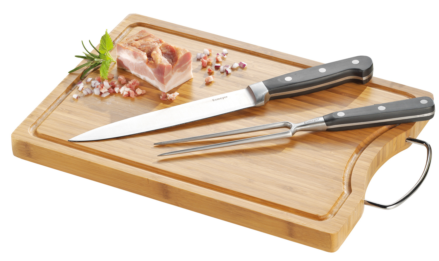 3-tlg. Tranchier-Set ARNOLD, mit Bambus-Brett, best. aus je 1 Tranchiergabel u. Tranchiermesser aus Edelstahl, durchgehender Erl.