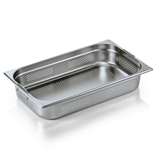 GN 1/1 Behälter, Boden- und Seitenlochung. Materialstärke 0,6 mm, mit Fallgriffen. Material: Chromnickelstahl. Serie: GN 74. Inhalt in