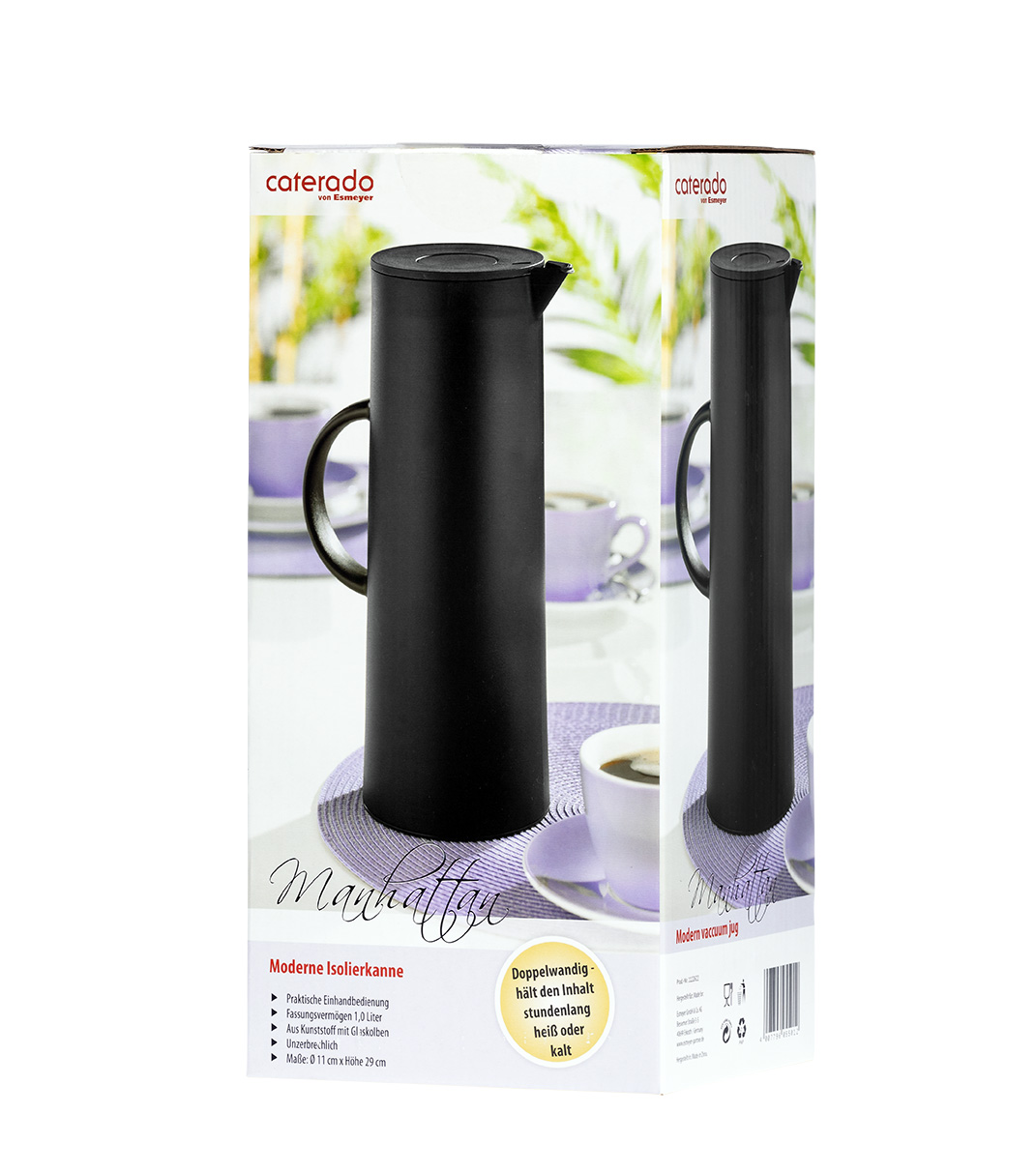Isolierkanne "MANHATTAN", Inhalt 1 Liter, außen aus schwarzem Kunststoff, innen mit Glaskolben
