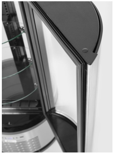 Kuchenvitrine rund 100L. Gehäuse aus Edelstahl mit gehärteter Doppelverglasung. Zugang durch die selbstschließende Türe.