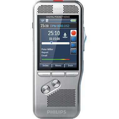 Philips Diktiergerät Digital Pocket Memo DPM 8000 5,3 x 12,3 x 1,5 cm (B x H x T) 2.800 (SP), 1.400 (QP), 200 (MP3), 108 (PCM