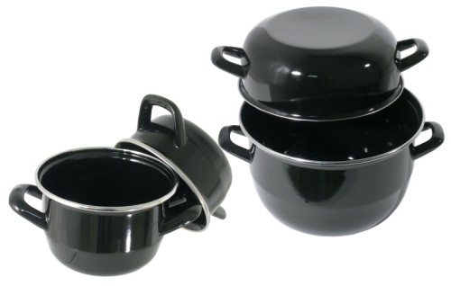 Muschelserviertopf für ca. 0,3 kg Muscheln innen und außen schwarz emailliert, mit Ring an Topf und Deckel aus Edelstahl Volumen: