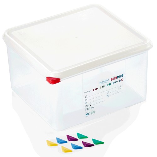 GN 2/3 Behälter, BPA frei, Deckel hermetisch schließend, Inklusive 5 Markierungs-Clips in den Farben: rot, blau, gelb, grün, lila, Behälter sind