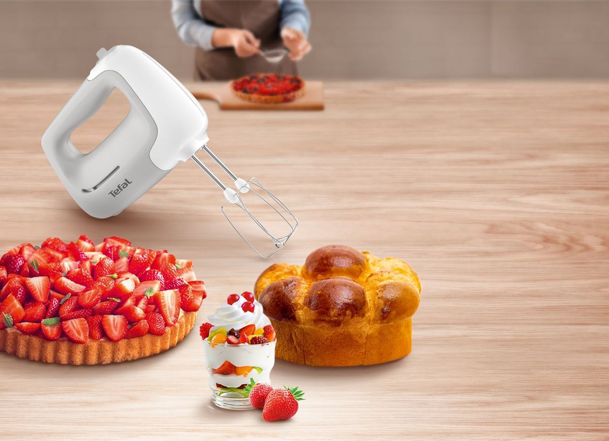 Tefal Prep'Mix elektrisches Handrührgerät, 450 W, 5 Geschwindigkeiten, 2 Schneebesen und 2 Knethaken aus Edelstahl, vielseitiger Handmixer