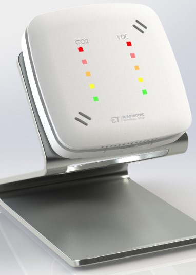 Luftgütesensor für geschlossene Räume (z.B. in Büros, Schulen, Kindergärten, etc.), misst CO2 und VOC Konzentration / Warner
