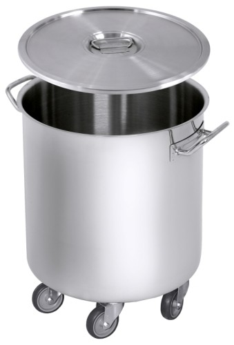 Abfallbehälter auf Rollen aus Edelstahl 18/10, hochglänzend poliert, vier festgeschweißte, gummibereifte Räder (Ø 75 mm)