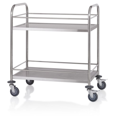 Servierwagen. 2 Borde. Edelstahl. mit Reling, 4 schwenkbare Rollen mit Rammschutz, davon