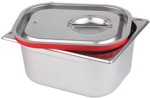 GN-Deckel 1/4 dichtschliessend ca. 26,4 x 16,2 cm Edelstahl mit rotem Silikonrand