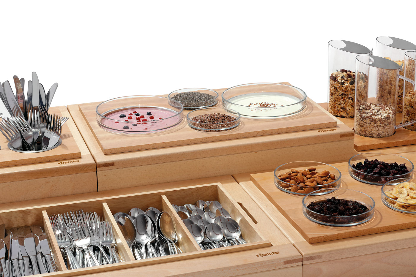 Bartscher Buffet-System Set GLS4 | Set bestehend aus: 2 Glasschalen, Ø 12 cm, Inhalt: 0,3 Liter | Maße: 58 x 40,5 x 198 cm. Gewicht: 7,8 kg