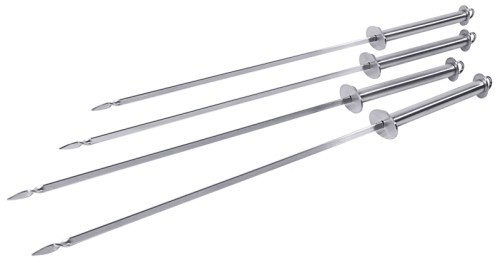 Grillspieße aus Edelstahl 18/10, seidenmatt gebürstet, mit Aufhängeöse und beweglicher Abstreifhilfe, die gedrehte Spitze