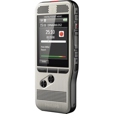Philips Diktiergerät PocketMemo DPM6000 5,3 x 12,3 x 1,5 cm (B x H x T) 2.800 (SP), 1.400 (QP), 200 (MP3), 108 (PCM Voice), 52