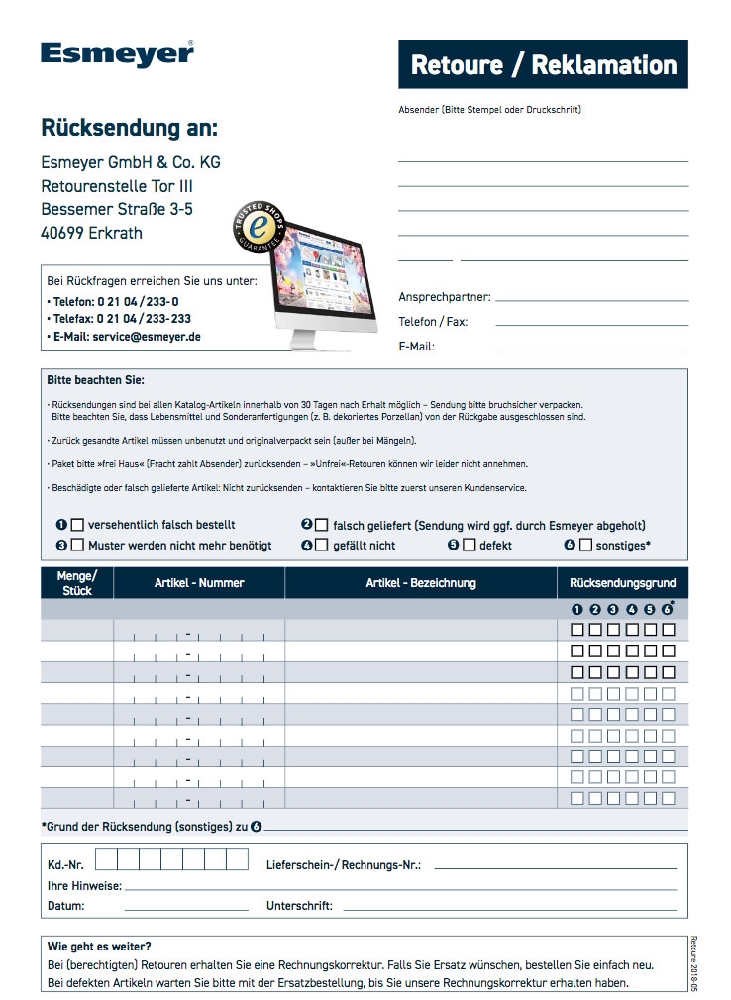 Rücksende-Schein Esmeyer Gastrobedarf - zum Download als PDF -