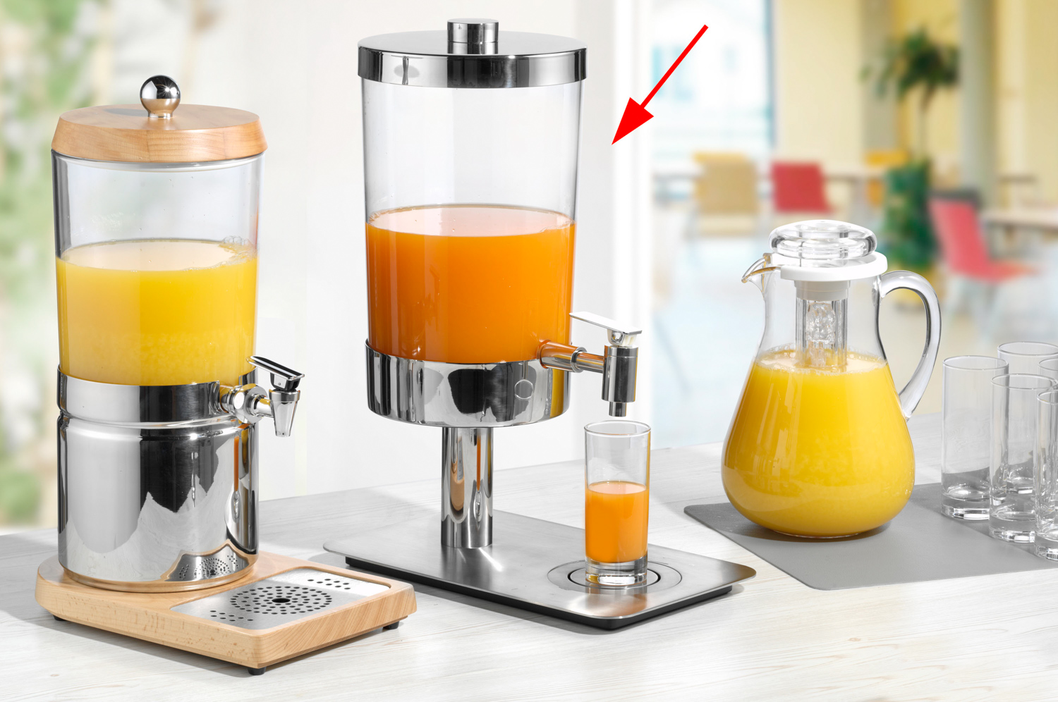 Saftdispenser SUNDAY, Inhalt: 6 ltr., glasklar, SAN-Kunststoff, 2 Kühlakkus, Maße: ca. 21x35 cm, Höhe: 48 cm, Standfuß und Deckel aus 18/10