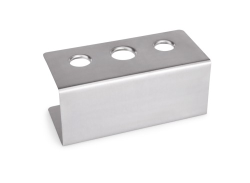 Eistütenhalter. Chromnickelstahl. 2 Löcher á 26 mm / 1 Loch á 31 mm. Maße: 20 x 9,5 x 9 LxBxH.